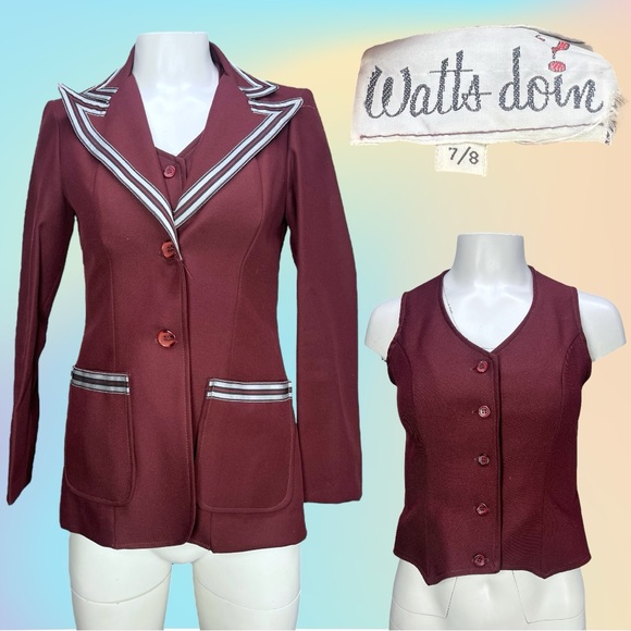 VTG 70's Burgundy Brown Watts Doin Blazer & matching Vest VTG Sz 7/8 - Picture 1 of 16